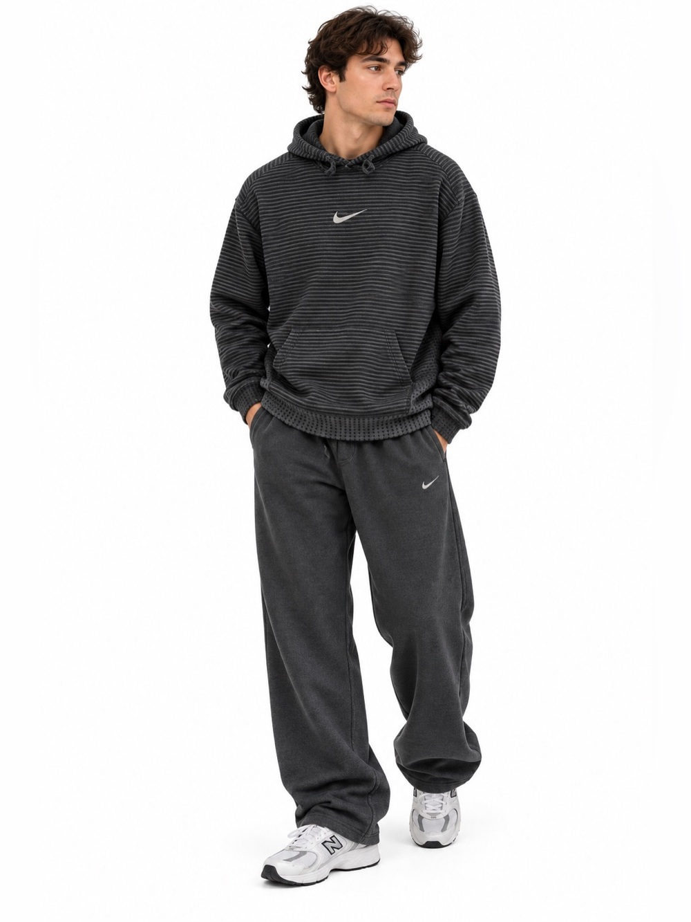 Nike Pro Black Gray Striped Thermal Pullover Hoodie – Size XL EUC